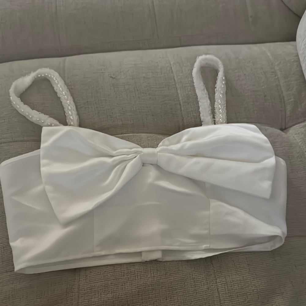 White Bow Crop Top with Beaded Straps